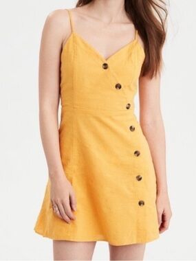 American Eagle Yellow Button-Detail Spaghetti Strap Mini Dress